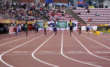 Tampere, Finlandiya, 11 Temmuz: Lalu muhammed Zohri (Endonezya) kazanmak altın madalya IAAF Dünya U20 Şampiyonası Tampere, Finlandiya 11 Temmuz, 2018 üzerinde 100 metreler.