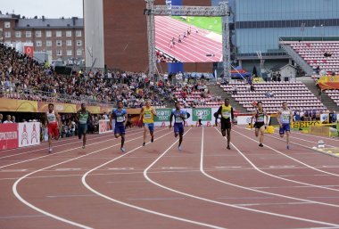 Tampere, Finlandiya, 11 Temmuz: Lalu muhammed Zohri (Endonezya) kazanmak altın madalya IAAF Dünya U20 Şampiyonası Tampere, Finlandiya 11 Temmuz, 2018 üzerinde 100 metreler.