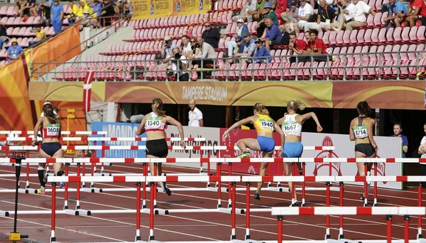 Tampere Finlandia Luglio Gli Atleti Corrono 100 Metri Ostacoli Campionati — Foto Stock