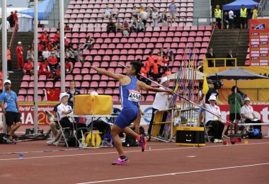 Tampere, Finlandiya, 11 Temmuz: Huijun Li'den IAAF Dünya U20 Şampiyonası Tampere, Finlandiya için 11 Temmuz, 2018 cirit atma olayı üzerinde Çin Taipei.