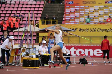 Tampere, Finlandiya, 11 Temmuz: Elina Kinnunen Finlandiya IAAF Dünya U20 Şampiyonası Tampere, Finlandiya için 11 Temmuz, 2018 cirit atma olayı üzerinde.