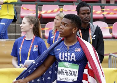 Tampere, Finlandiya, 11 Temmuz: Eric Harrison (ABD) 11 Temmuz 2018'de Finlandiya'nın Tampere kentinde düzenlenen Iaaf Dünya U20 Şampiyonası'nda 100 metr de bronz madalya kazandı11 Temmuz 2018.