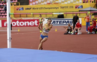 Tampere, Finlandiya, 12 Temmuz: Daria Dikhanova yüksek atlama heptatlon IAAF Dünya U20 Şampiyonası Tampere, Finlandiya için 12 Temmuz, 2018 yılında Ukrayna.