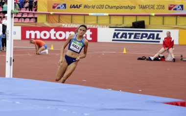 Tampere, Finlandiya, 12 Temmuz: Anna Hall (ABD), ABD'li atlet heptatlon olay 12 Temmuz, 2018 IAAF Dünya U20 Şampiyonası Tampere, Finlandiya.