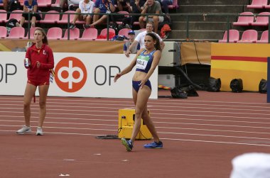 Tampere, Finlandiya, 12 Temmuz: Anna Hall (ABD), ABD'li atlet heptatlon olay 12 Temmuz, 2018 IAAF Dünya U20 Şampiyonası Tampere, Finlandiya.