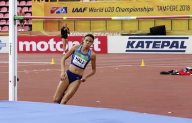 Tampere, Finlandiya, 12 Temmuz: Anna Hall (ABD), ABD'li atlet heptatlon olay 12 Temmuz, 2018 IAAF Dünya U20 Şampiyonası Tampere, Finlandiya.