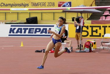Tampere, Finlandiya, 12 Temmuz: Anna Hall (ABD), ABD'li atlet heptatlon olay 12 Temmuz, 2018 IAAF Dünya U20 Şampiyonası Tampere, Finlandiya.