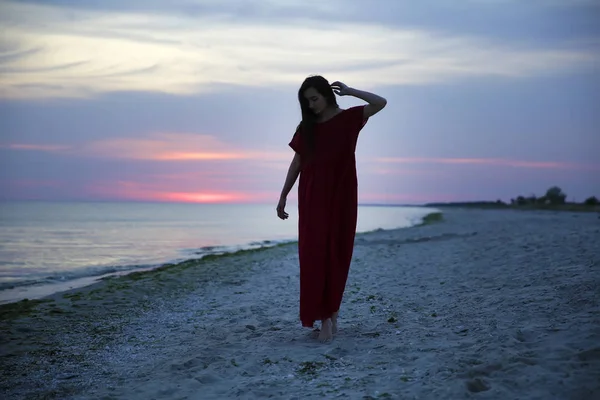 夕日の海の海岸に女性 ストックフォト