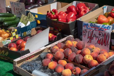 York Yorkshire İngiltere'de - 26 Haziran 2018: Taze şeftali piyasa ahır satışa