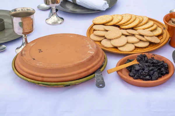 Nourriture Médiévale Sur Table Biscuits Fruits — Photo