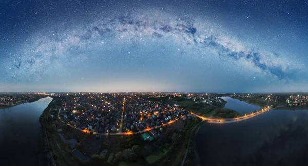 Aerial Panorama Night Town Starry Sky Reflected River — Stock Photo, Image
