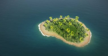 denizde ıssız tropikal ada 3D çizimi