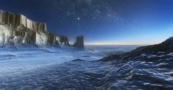 Трехмерная Иллюстрация Замерзшего Арктического Ландшафта Ночью — стоковое фото