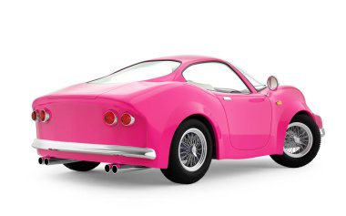 Beyaz bir arka plan üzerinde izole karikatür 3d tarzı, arkadan görünüm, pembe retro spor araba. 3D çizim