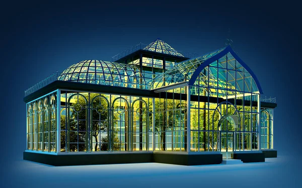 Cieplarnianych botaniczny 3d w nocy światła — Zdjęcie stockowe