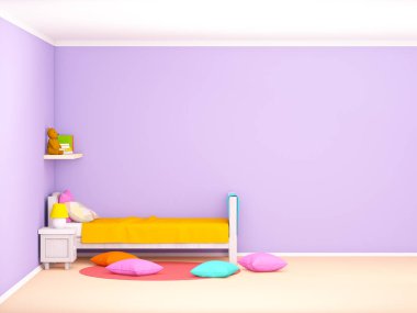 Çocuk yatak odası Sevimli çizgi stili, düz. 3D çizim