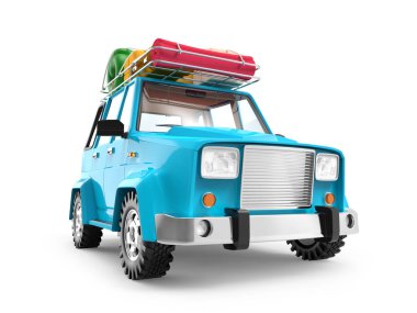 Küçük 3d mavi Suv ile macera Bagaj çatıda. 3D çizim