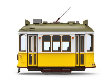 Beyaz izole eski sarı tramvay karikatür, yan görünüm. 3D çizim