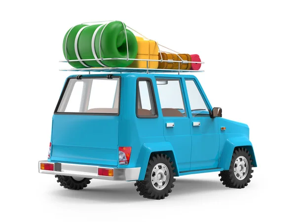 Small Blue Suv Adventure Luggage Roof Back View Illustration — Stock Photo, Image