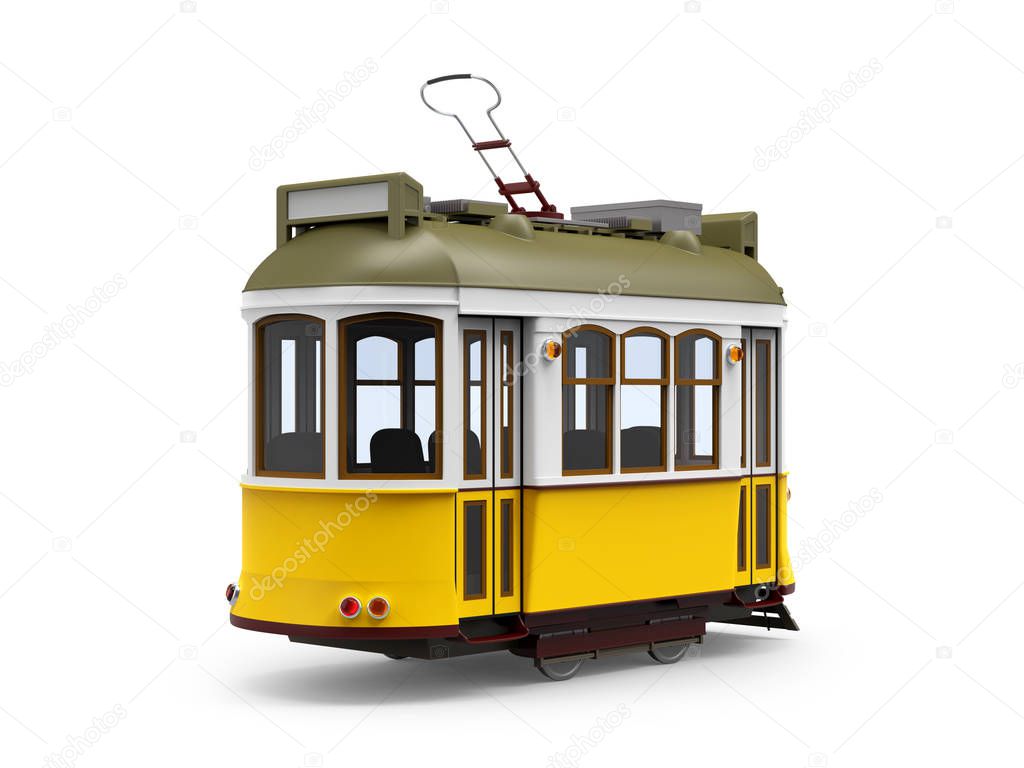 Old yellow tram cartoon, back view, isolated on white. 3d illustration