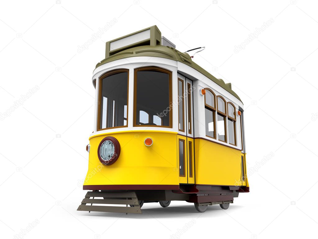 Old yellow tram cartoon, isolated on white. 3d illustration