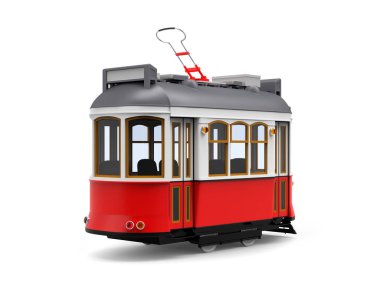 Beyaz izole eski kırmızı tramvay karikatür, arkadan görünüm. 3D çizim