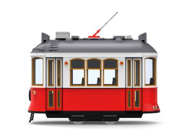 Beyaz izole eski kırmızı tramvay karikatür, yan görünüm. 3D çizim