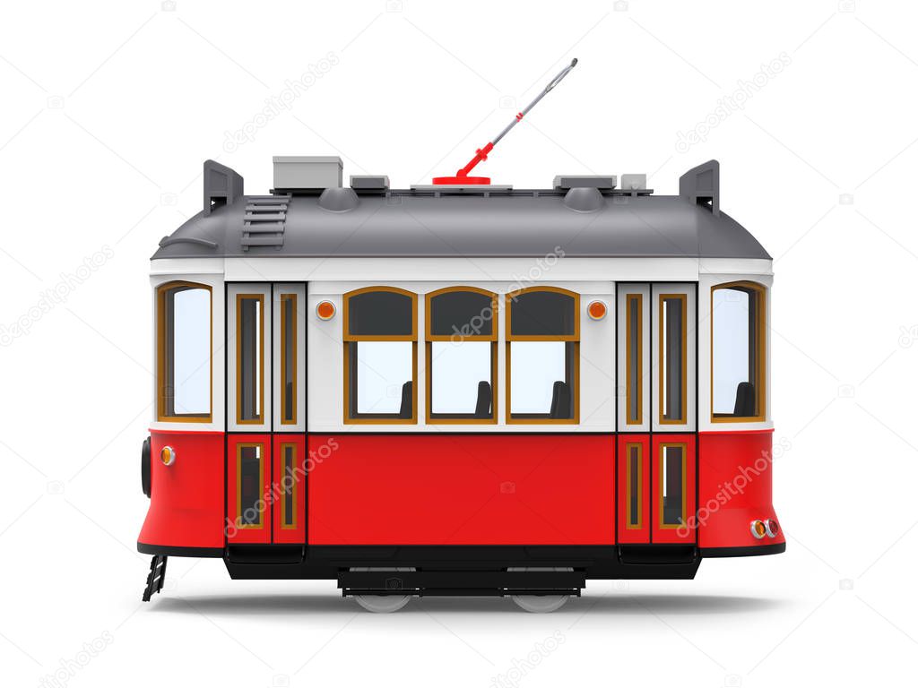 Old red tram cartoon, side view, isolated on white. 3d illustration