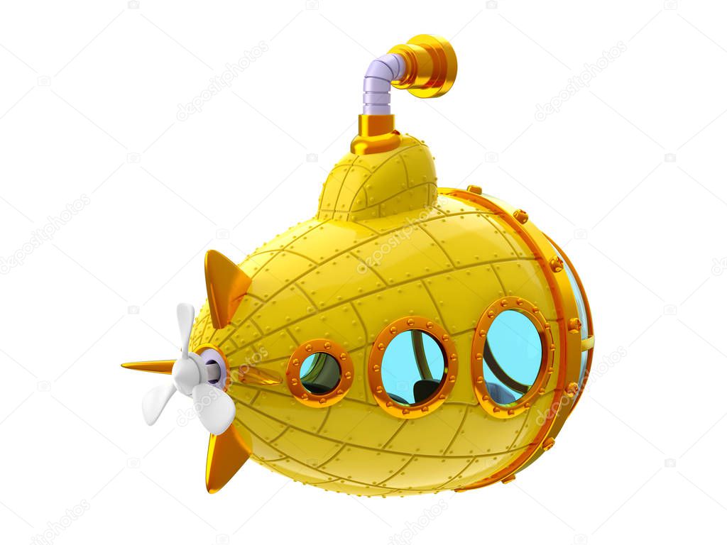cartoon yellow submarine, back view, isolated on white. 3d illustration