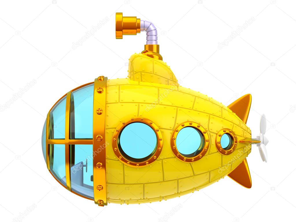 cartoon yellow submarine, side view, isolated on white. 3d illustration