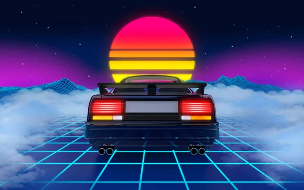 Car 80s cyberpunk background mountain — Stock Photo, Image