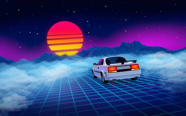 Carro 80s cyberpunk fundo montanha — Fotografia de Stock
