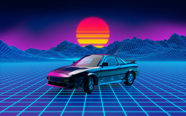 car 80s cyberpunk background mountain