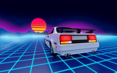 Araba 80s cyberpunk arka plan dağ