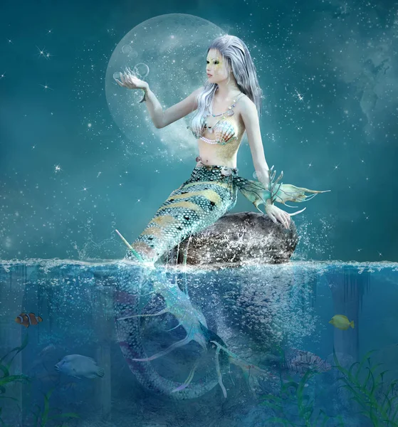 Fantasy Sirena Una Roccia Con Spruzzi Acqua Nelle Mani — Foto Stock