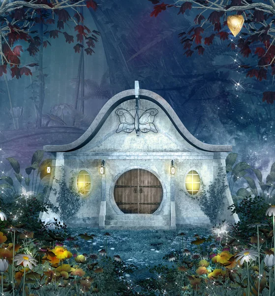 陶醉的梦幻精灵之家在一片盛开的森林里 — 图库照片