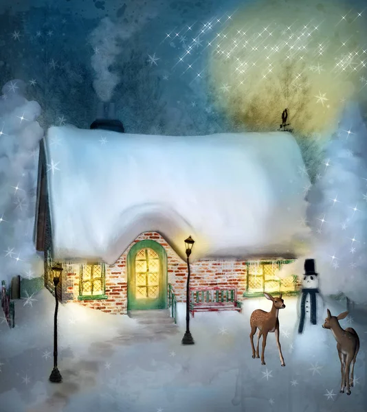 Enchanted chalet in a winter scenery with snowman, firs and deers - 3D digital painted illustration