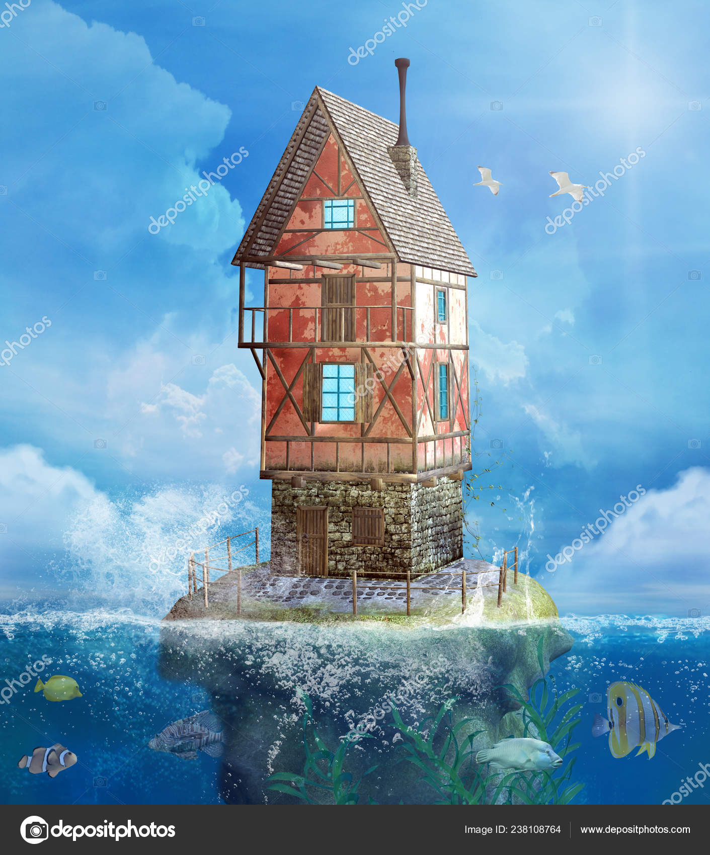 Fantasy House Sea Scenery Colored Fishes Mixed Media Illustration Stock Photo Image By C Ellerslie