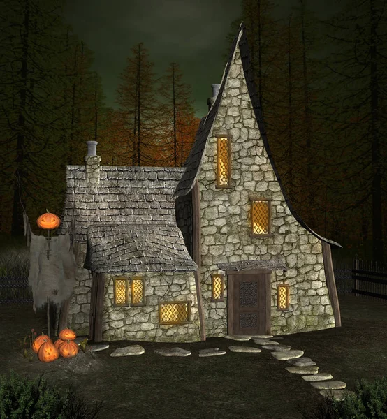 Halloween Cadı Evi Korkutucu Kabak Canavar Çizim Ile — Stok fotoğraf