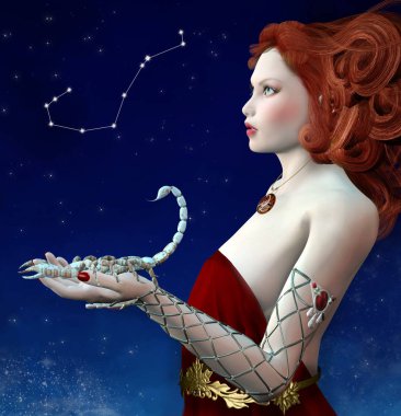 Zodiac series - Scorpio as a beautiful woman with a scorpion in her hand - 3D illustration clipart