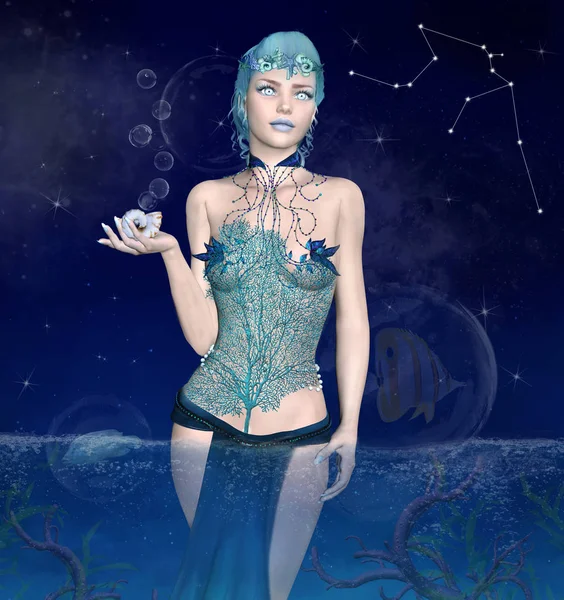 干支シリーズ 彼女の手で珊瑚シェルを持つ美しい女性としてアクエリアス コルセット イラスト — ストック写真