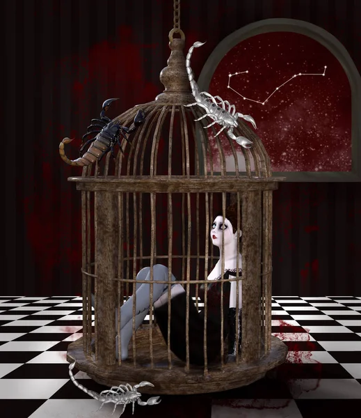 十二生肖系列 天蝎座作为哥特式女孩在笼子里与蝎子到处都 — 图库照片