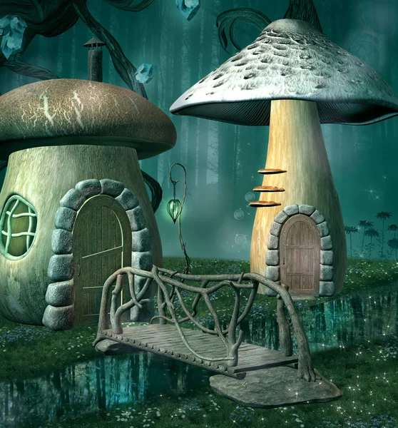 Piccolo Villaggio Fantasy Notte Illustrazione — Foto Stock