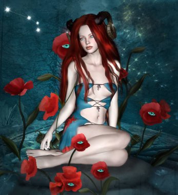 Koç astrolojik işaret bir güzel kızıl saçlı kadın olarak gerçeküstü haşhaş ile karanlık bir orman içinde bir kayanın üzerine oturmuş boynuzları ile tüm civarında-3d karışık teknik resimde