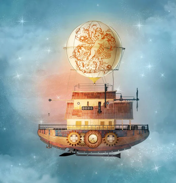 Bir Yıldızlı Gökyüzü Resimde Fantezi Steampunk Zeplin Uçar — Stok fotoğraf