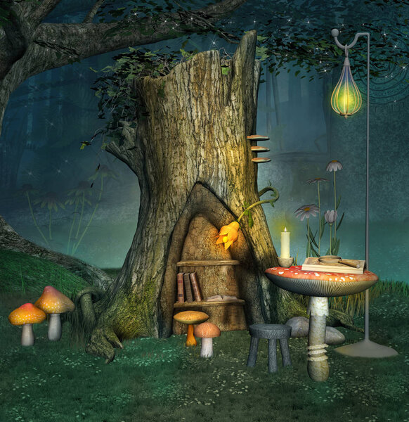 Enchanted elf place near an old trunk with lantern and books - 3D illustration