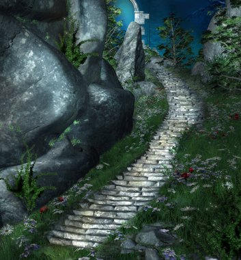 Fantasy stairs beside a rock leading to a mysterious place - 3d illustration clipart