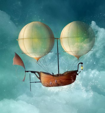 Fantezi steampunk gemi bir yıldızlı gökyüzü - 3d resimde uçar
