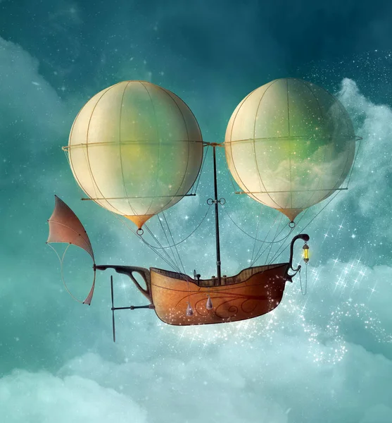 Fantaisie Navire Steampunk Vole Dans Ciel Étoilé Illustration — Photo