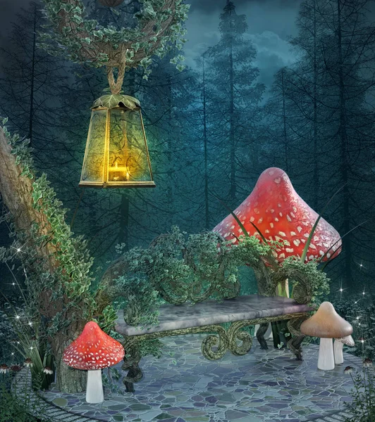 Fantasy Luogo Riposo Incantato Con Panca Funghi Lanterna Illustrazione — Foto Stock